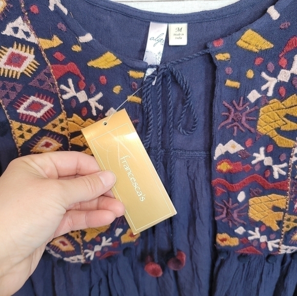 ALYA Open Front Peasant Floral Embroidered w Tassel Closure in Navy, sz Medium - Picture 5 of 13